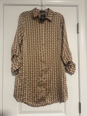 QUIZ Tan Geo-Print Long Sleeve Shirt Dress